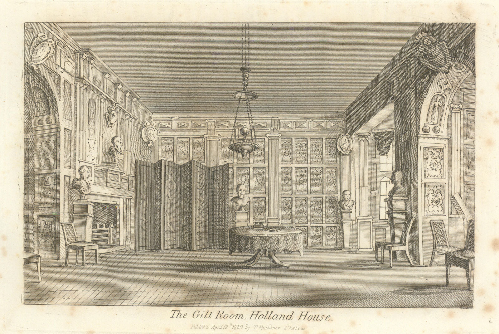 The Gilt Room, Holland House, Kensington by Thomas Faulkner 1820 old print